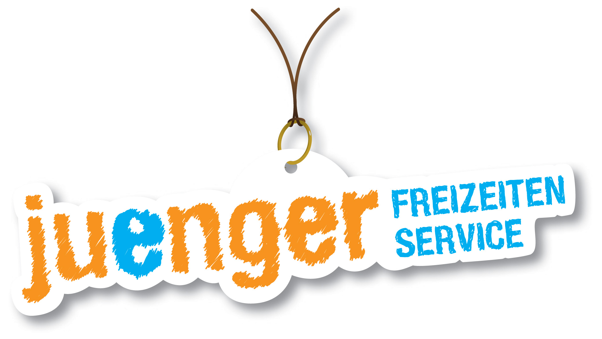 Logo des juenger Freizeitenservice mit verspielter Schrift in Orange und Blau, aufgehängt an einem Etikett.