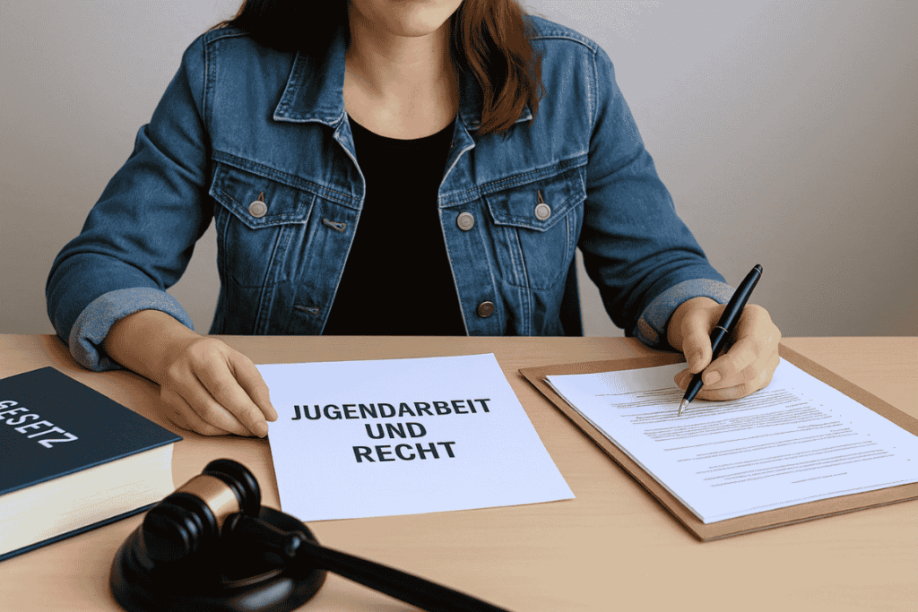 Frau mit Gesetzbuch und Formularen am Schreibtisch zum Thema Jugendarbeit und Recht