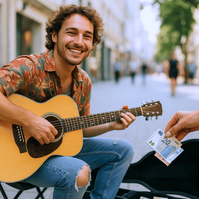 Straßenmusiker mit Gitarre lächelt, während eine Hand Geldscheine in seinen offenen Gitarrenkasten legt. Fußgängerzone im Hintergrund.