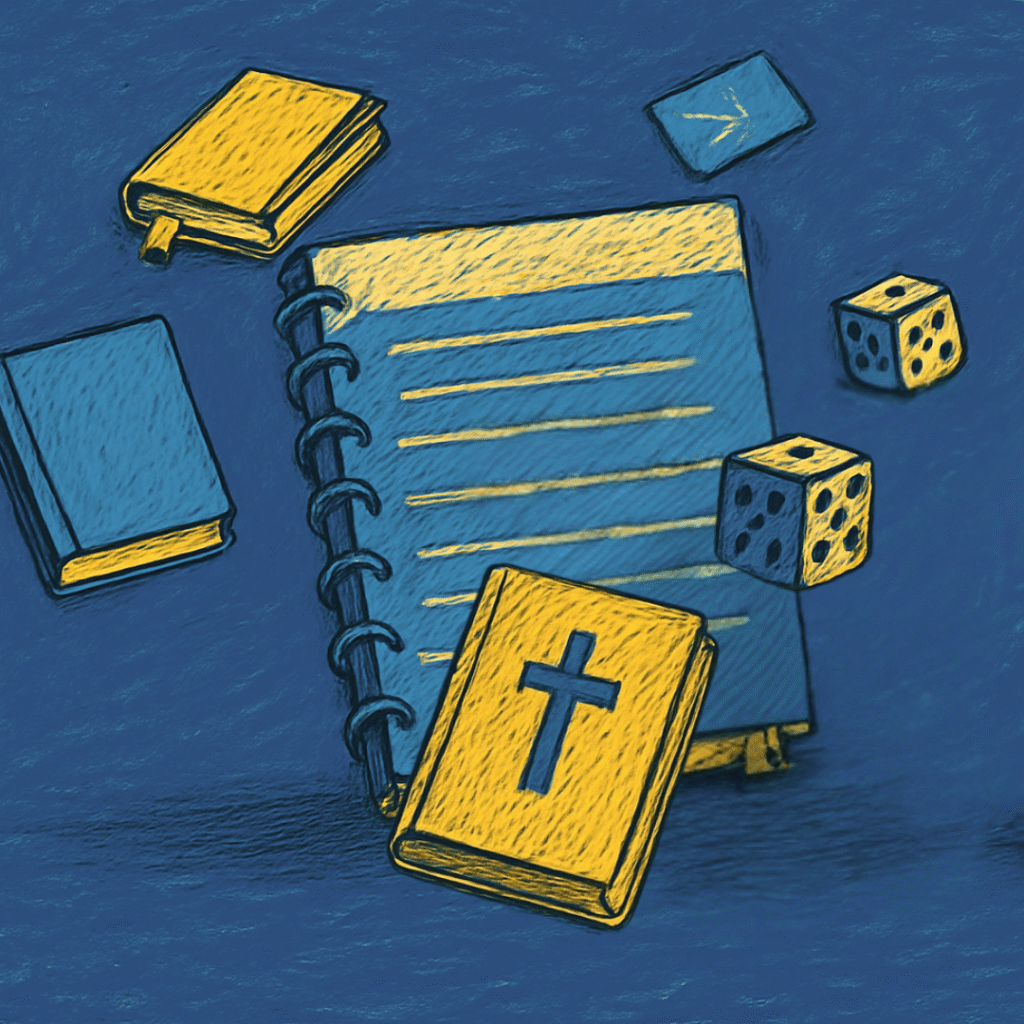 Illustration mit Notizbuch, Bibel, Büchern und Würfeln in Blau-Gelb vor dunklem Hintergrund.