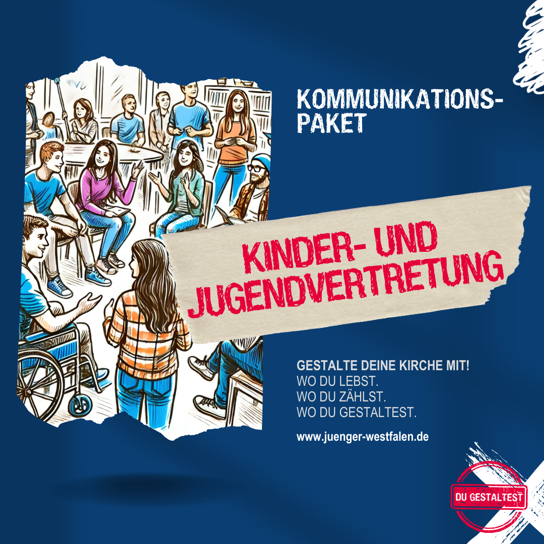 Grafik zum Kommunikationspaket Kinder- und Jugendvertretung mit diverser Jugendgruppe und Slogan Gestalte deine Kirche mit