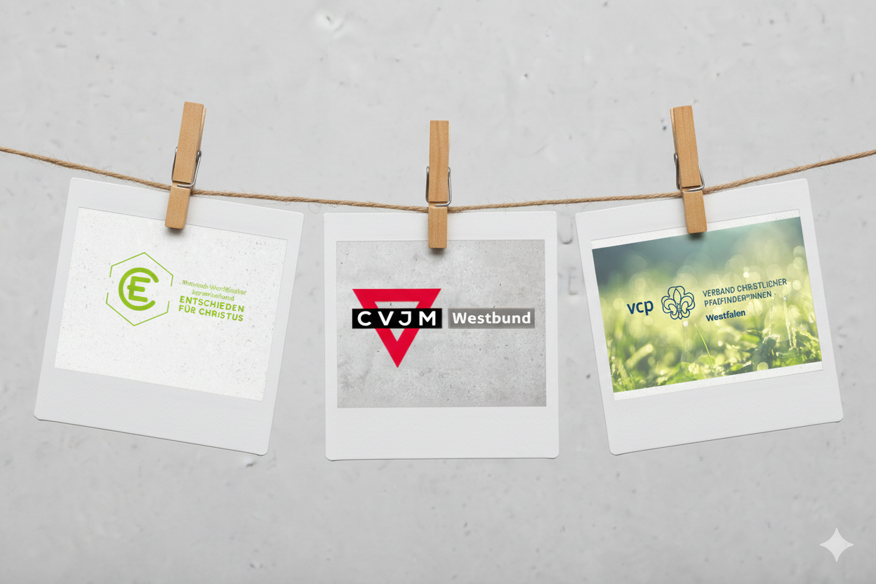 Drei Polaroidfotos mit Logos von EC, CVJM Westbund und VCP Westfalen an einer Leine mit Holzklammern.