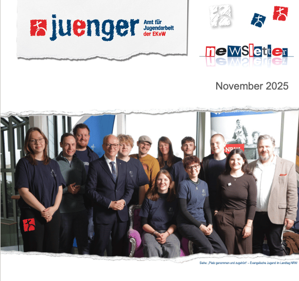juenger newsletter November 2025: Titelseite mit Logo und Gruppenfoto von der Landtagsaktion