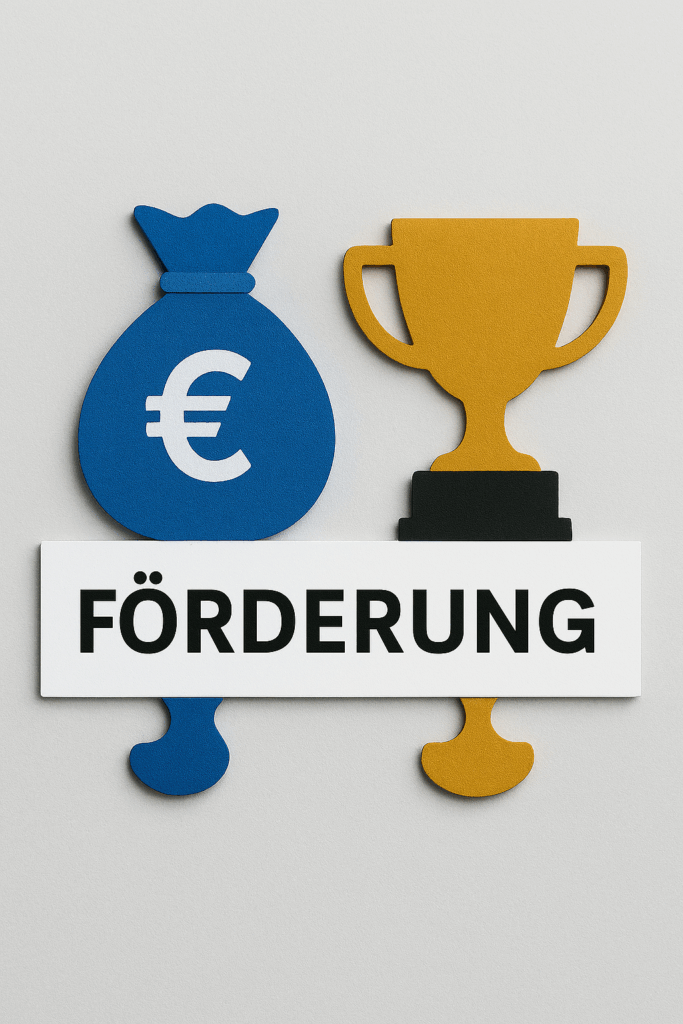 Symbolgrafik mit Geldsack und Siegerpokal über einem weißen Balken mit dem Schriftzug ‚Förderung‘