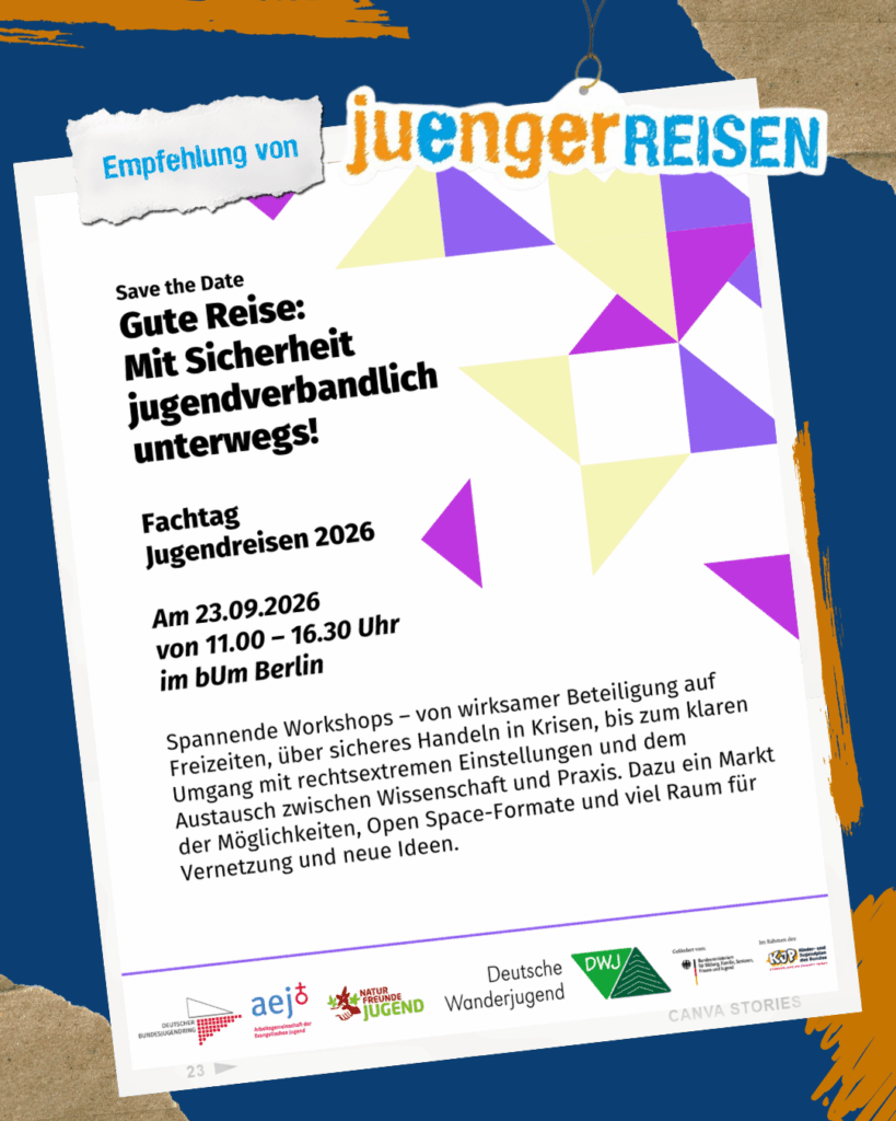 Save-the-Date-Flyer juengerREISEN: Fachtag Jugendreisen 2026 am 23.09.2026, 11–16:30 Uhr, bUm Berlin.