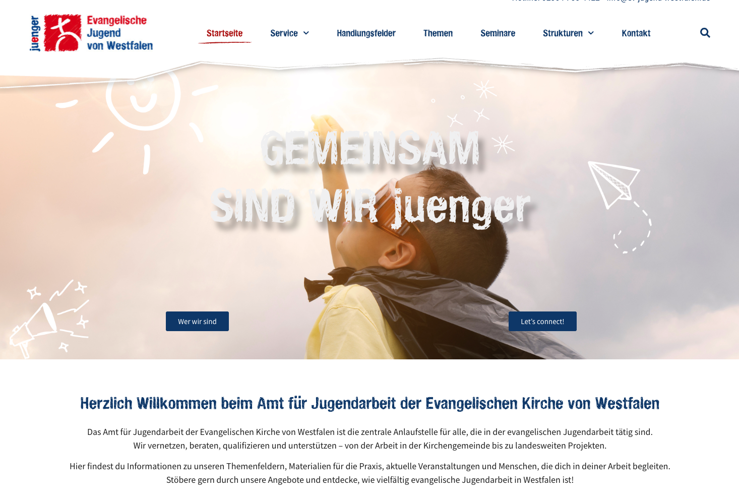 Screenshot der EJvW-Startseite: Kind im Superhelden-Umhang, Schriftzug „Gemeinsam sind wir juenger“.