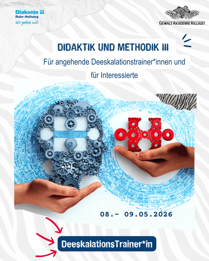 Zwei Hände halten ein blaues und rotes Zahnrad-Modell von Köpfen – Symbol für Didaktik-Training Deeskalation, 8.–9. Mai 2026.