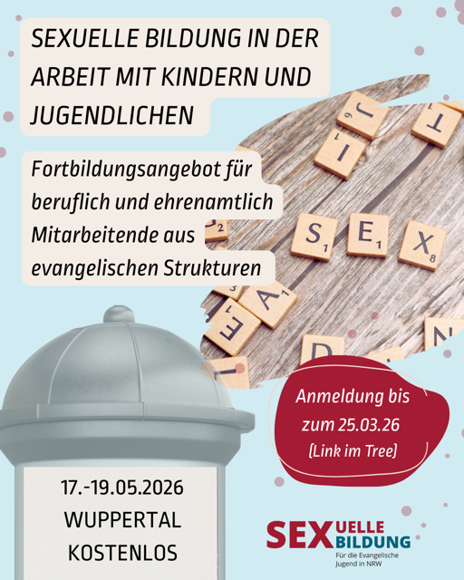 Flyer: Fortbildung „Sexuelle Bildung“ für Arbeit mit Kindern/Jugendlichen, 17.–19.05.2026 Wuppertal, kostenlos.