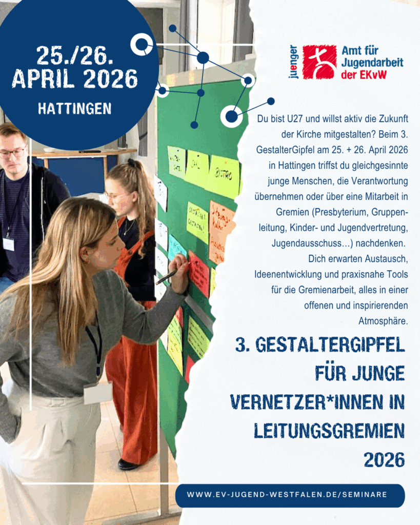 Jugendliche arbeiten an einer Pinnwand beim GestalterGipfel 2026 in Hattingen, Termin 25./26. April 2026