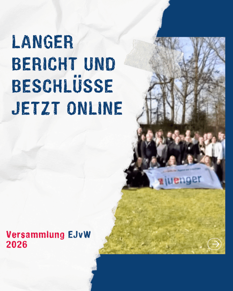 Sharepic zur Versammlung EJvW 2026 mit Hinweis auf längeren Bericht und Beschlüsse online