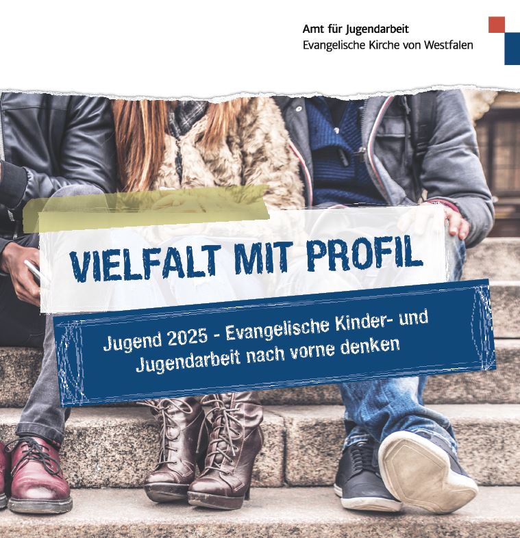 Grafik zur Initiative ‚Vielfalt mit Profil – Jugend 2025‘ der Evangelischen Kirche von Westfalen, mit sitzenden Jugendlichen auf einer Treppe und hervorgehobenen Textfeldern