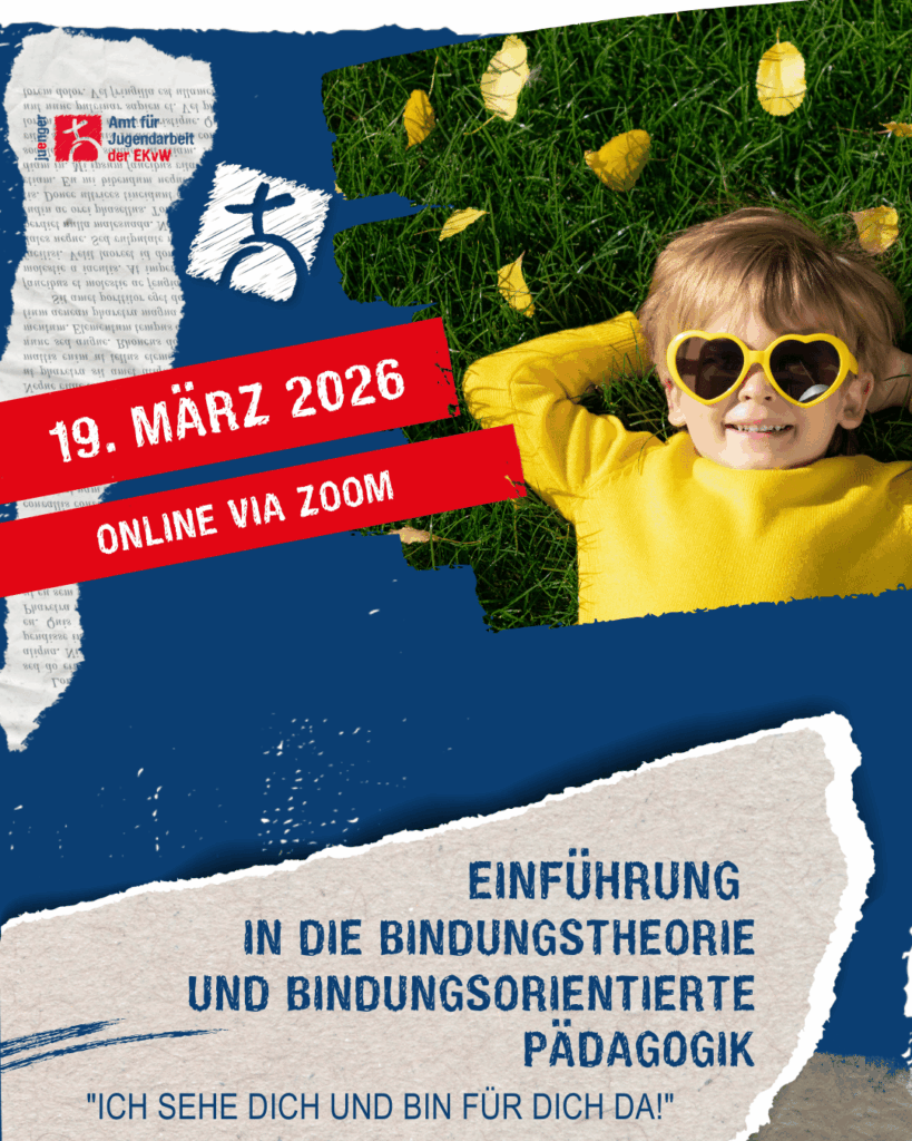 Grafik zur Online-Veranstaltung am 19. März 2026 über die Einführung in die Bindungstheorie und bindungsorientierte Pädagogik; Kind liegt auf einer Wiese mit gelben Blättern, ergänzt durch farbige Gestaltungselemente und Veranstaltungsdetails