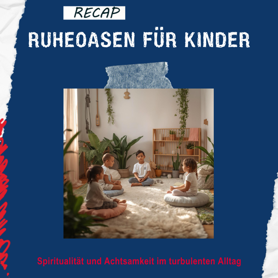 Kinder sitzen in einem hellen Ruheraum im Kreis auf Kissen und üben Achtsamkeit.