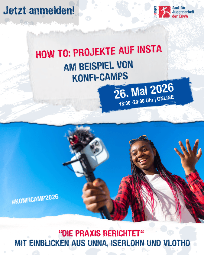 Grafik zur Online-Veranstaltung „How to: Projekte auf Insta“ am 26. Mai 2026 zu Konfi-Camps