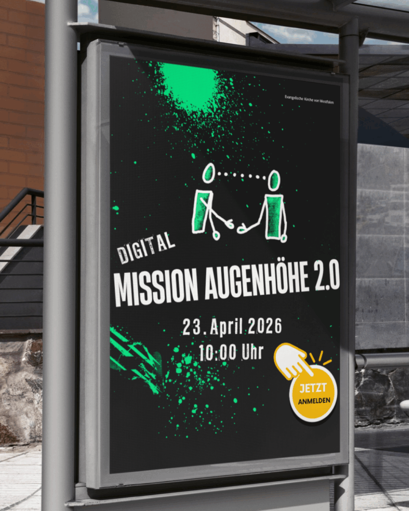 Werbeplakat für „Mission Augenhöhe 2.0“ am 23. April 2026 um 10:00 Uhr an einer Bushaltestelle.
