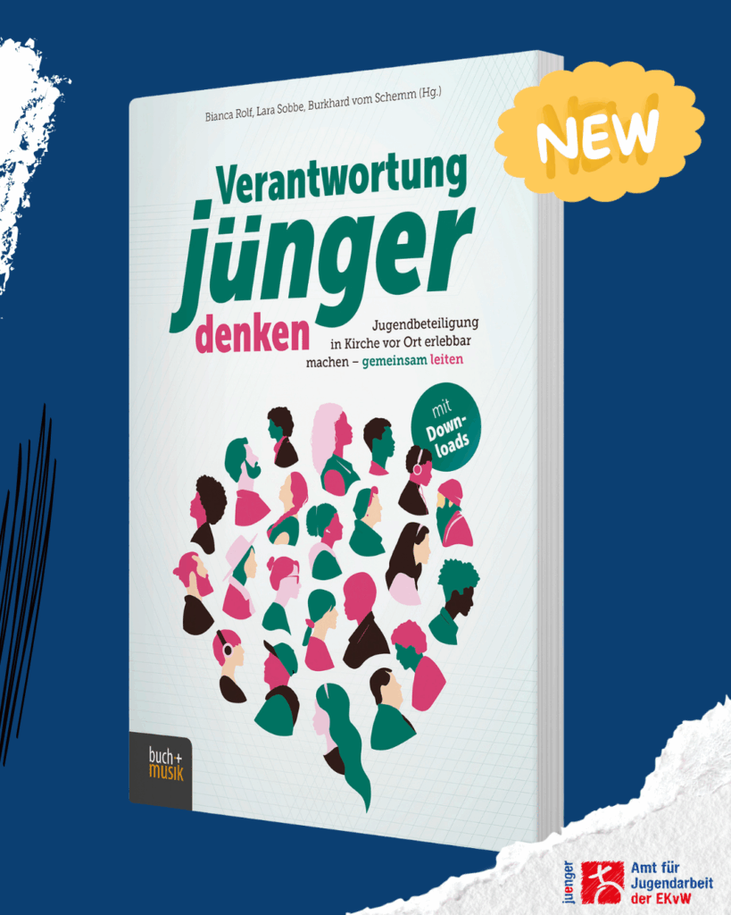 Buchcover „Verantwortung jünger denken“ vor blauem Hintergrund, vorgestellt vom Amt für Jugendarbeit der EKvW
