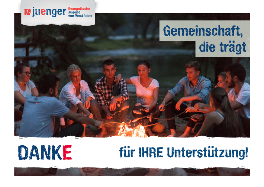 Jugendliche sitzen am Lagerfeuer, dazu der Text: Gemeinschaft, die trägt. Danke für Ihre Unterstützung!