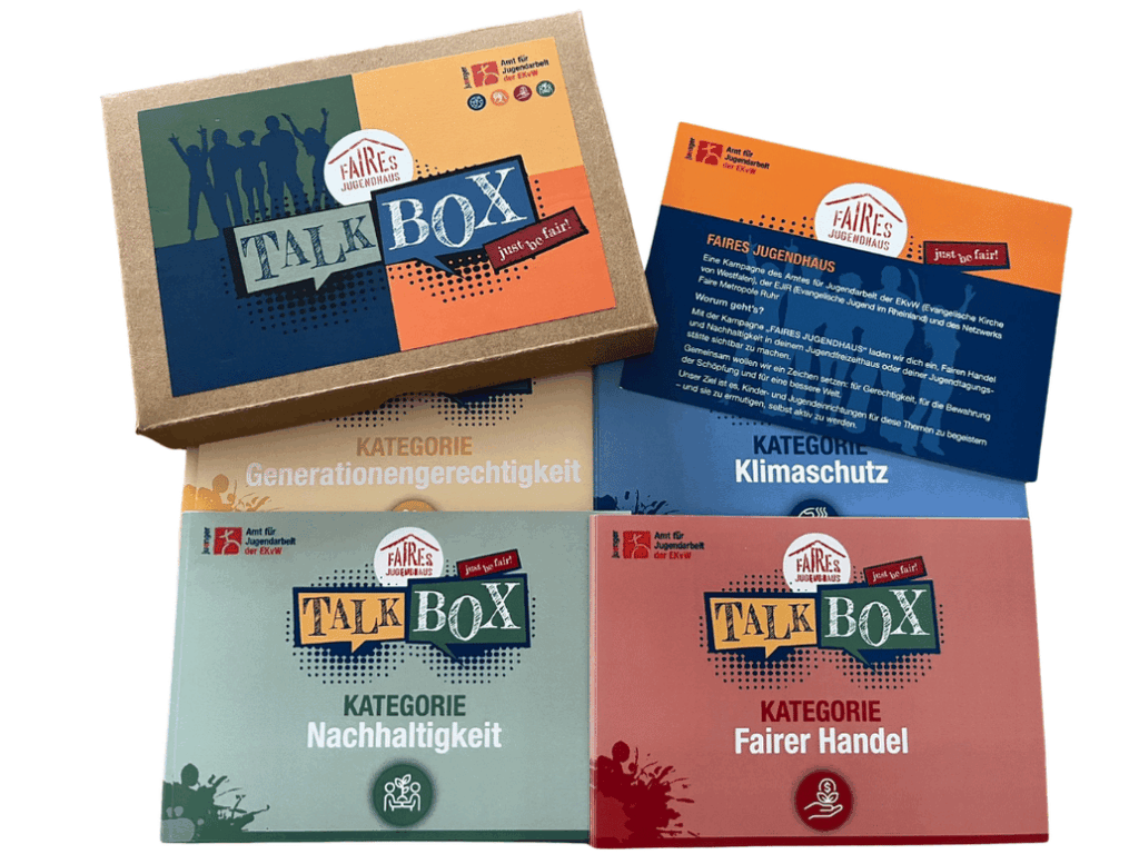 Talkbox „Faires Jugendhaus“ mit Karten zu Nachhaltigkeit, Klimaschutz, Generationengerechtigkeit und fairem Handel als Material für Bildungs- und Gesprächsangebote in der Jugendarbeit