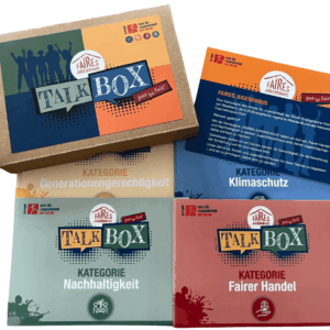 Talkbox „Faires Jugendhaus“ mit Karten zu Nachhaltigkeit, Klimaschutz, Generationengerechtigkeit und fairem Handel als Material für Bildungs- und Gesprächsangebote in der Jugendarbeit