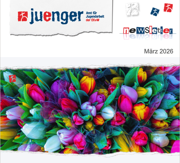 Titelbild des juenger-Newsletters März 2026 mit buntem Tulpenstrauß und juenger-Logo