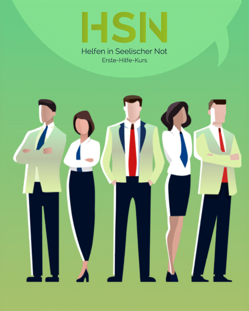 Grafik zum HSN-Erste-Hilfe-Kurs mit fünf Personen und Schriftzug „Helfen in Seelischer Not“.