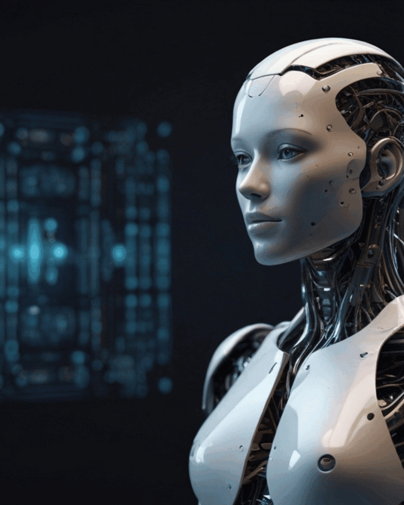 Humanoider Roboter mit sichtbarer Technik vor digitalem Hintergrund als Symbol für künstliche Intelligenz