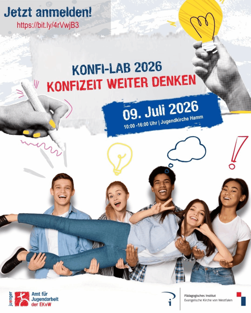 Plakat zum Konfi‑LAB 2026 „Konfizeit weiter denken“ mit Datum 9. Juli 2026 und Angaben zur Veranstaltung in der Jugendkirche Hamm