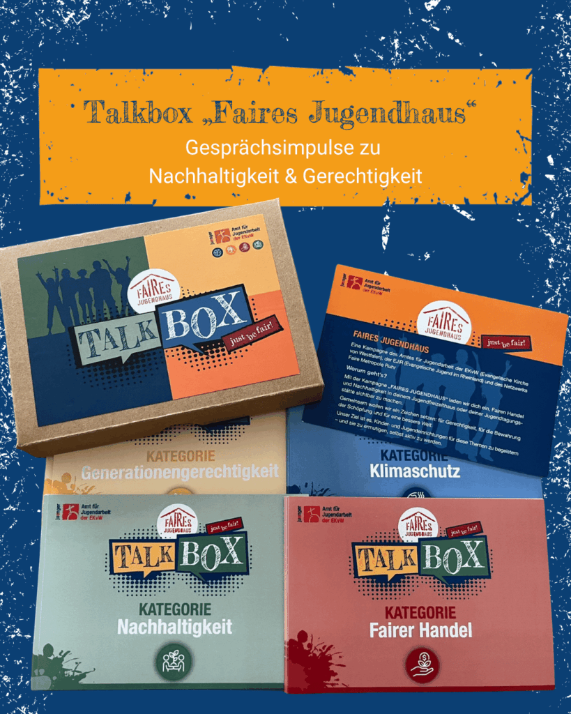 Talkbox „Faires Jugendhaus“ mit Karten zu Nachhaltigkeit, Klimaschutz und Fairem Handel.
