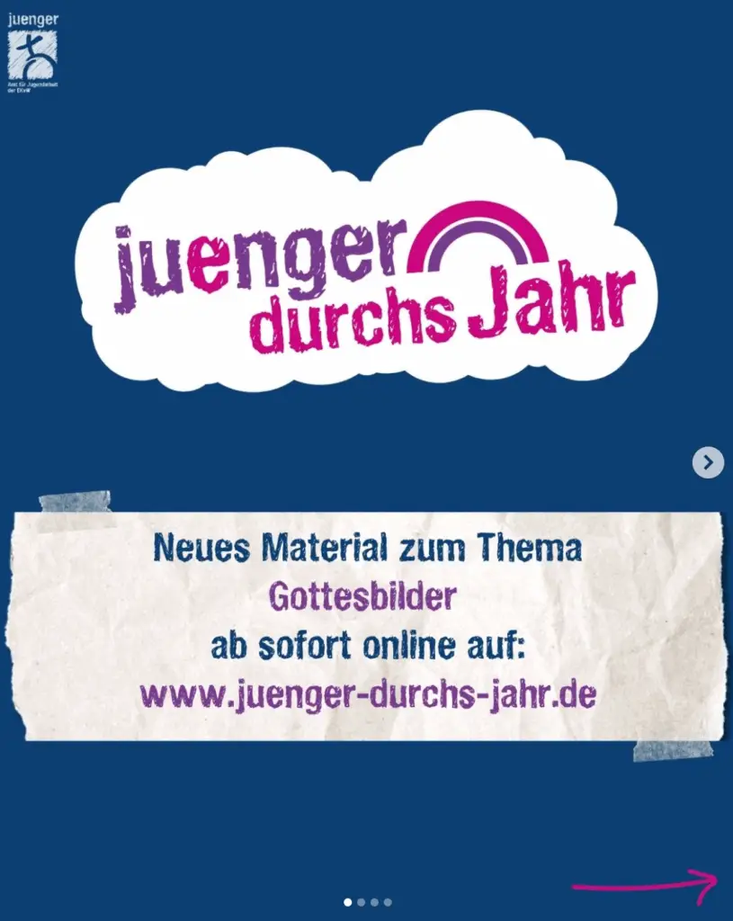 Grafik „jünger durchs Jahr“ mit Hinweis auf neues Material zum Thema Gottesbilder und Link zu einer Online‑Plattform für Jugend- und Bildungsarbeit