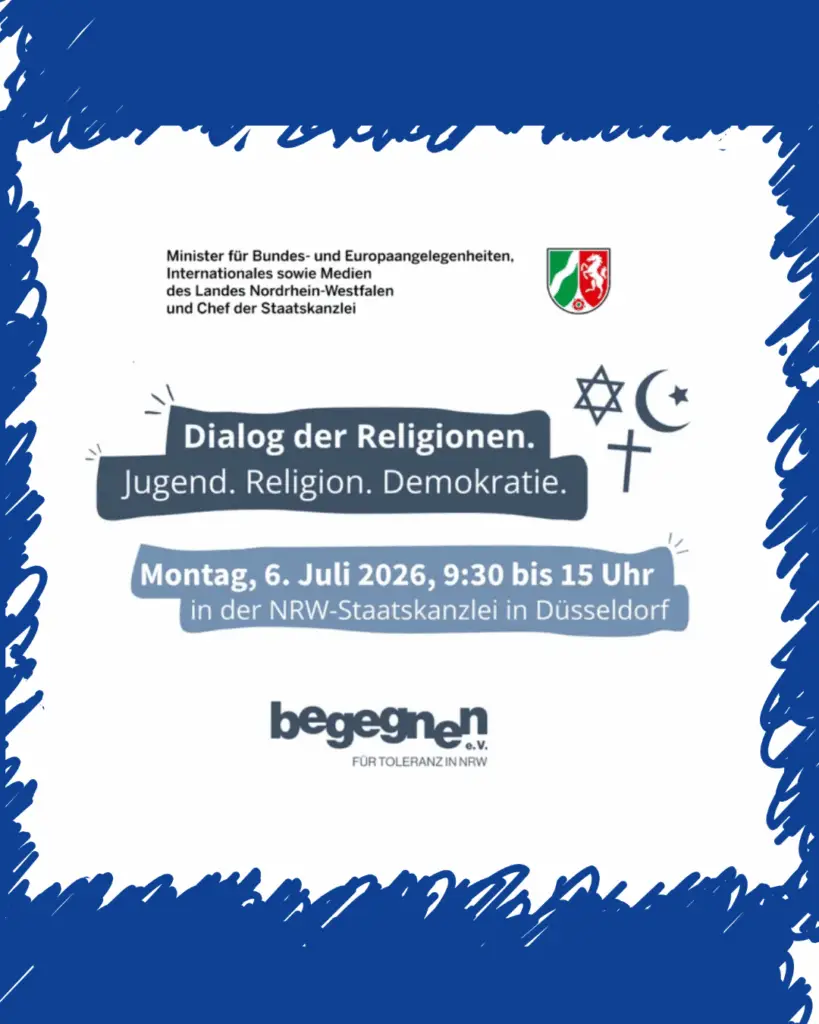 Plakat zur Veranstaltung „Dialog der Religionen“ in Düsseldorf mit den Themen Jugend, Religion und Demokratie sowie Datum und Ort in der NRW‑Staatskanzlei.