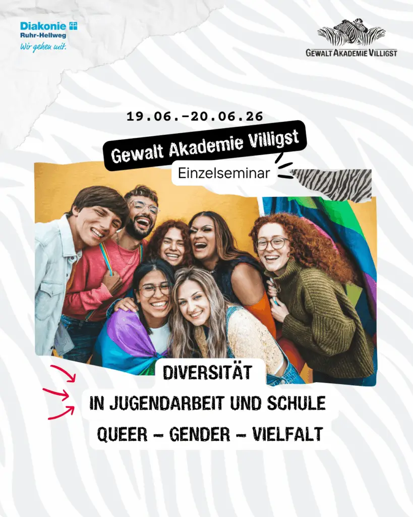 Plakat zum Seminar „Diversität in Jugendarbeit und Schule – queer, gender, Vielfalt“, 19.–20.06.26.