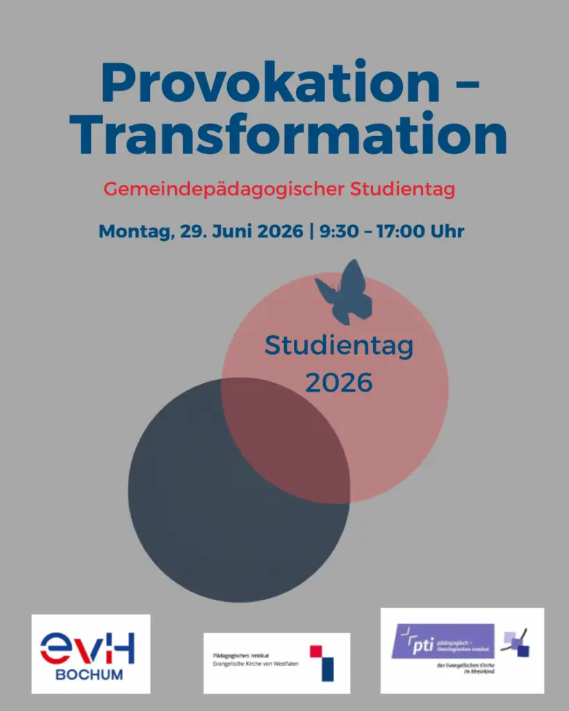 Plakat zum gemeindepädagogischen Studientag 2026 mit dem Titel „Provokation – Transformation“ und Angaben zu Datum, Uhrzeit und Veranstaltern