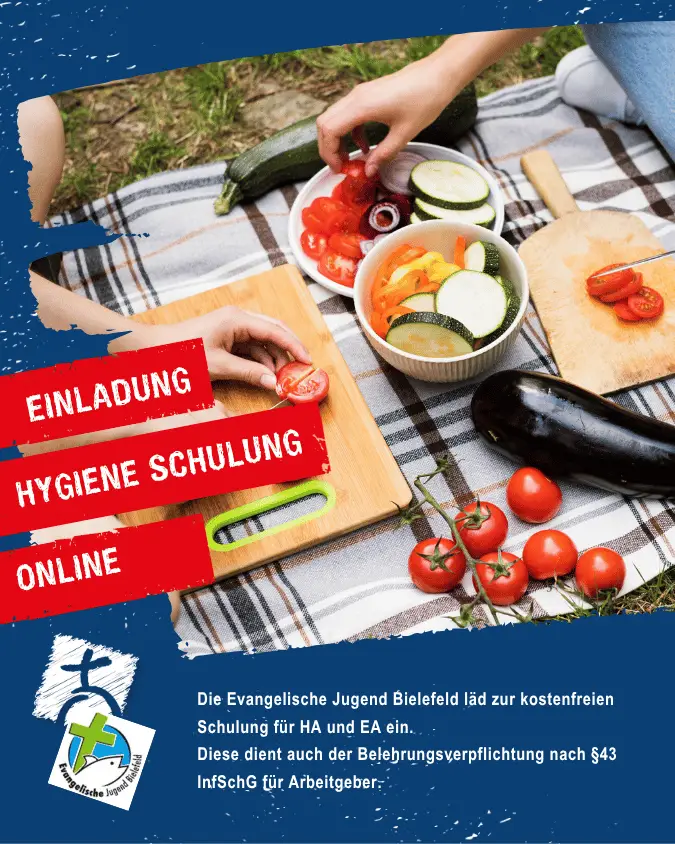 Einladung zur Online-Hygieneschulung mit Gemüsezubereitung auf einer Picknickdecke.