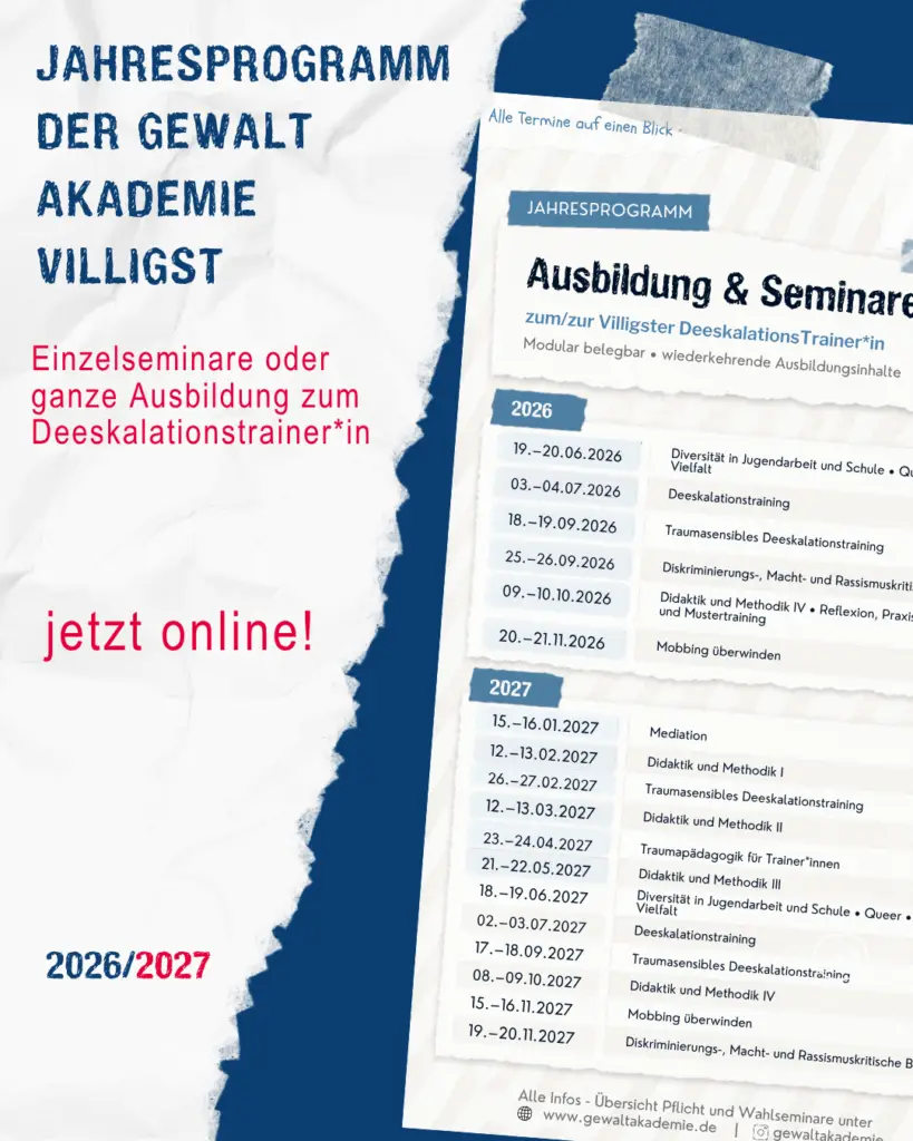Grafik zum Jahresprogramm 2026/2027 der Gewaltakademie Villigst für Ausbildung und Seminare.