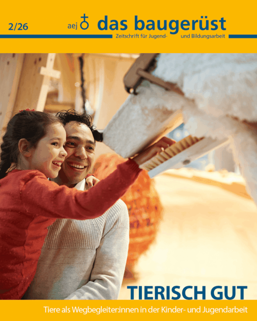 Cover der Zeitschrift „das baugerüst“ (Ausgabe 2/2026) mit Kind und Erwachsenem beim Kontakt mit einem Tier, Thema: Tiere in der Kinder- und Jugendarbeit