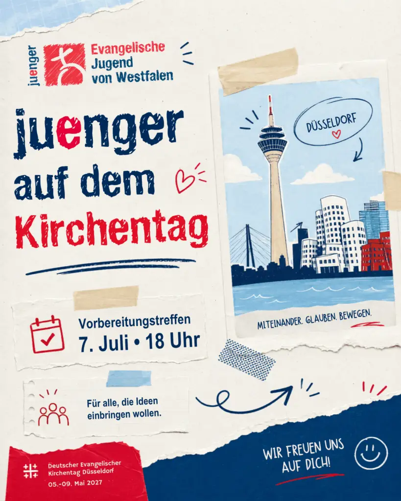 Grafik „juenger auf dem Kirchentag“ mit Düsseldorf-Motiv und Einladung zum Vorbereitungstreffen am 7. Juli.