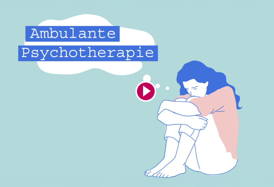 Illustration mit dem Text „Ambulante Psychotherapie“ und zeichnerischer Person, die zusammengesunken sitzt; Hinweis auf ein Video (Play-Symbol).