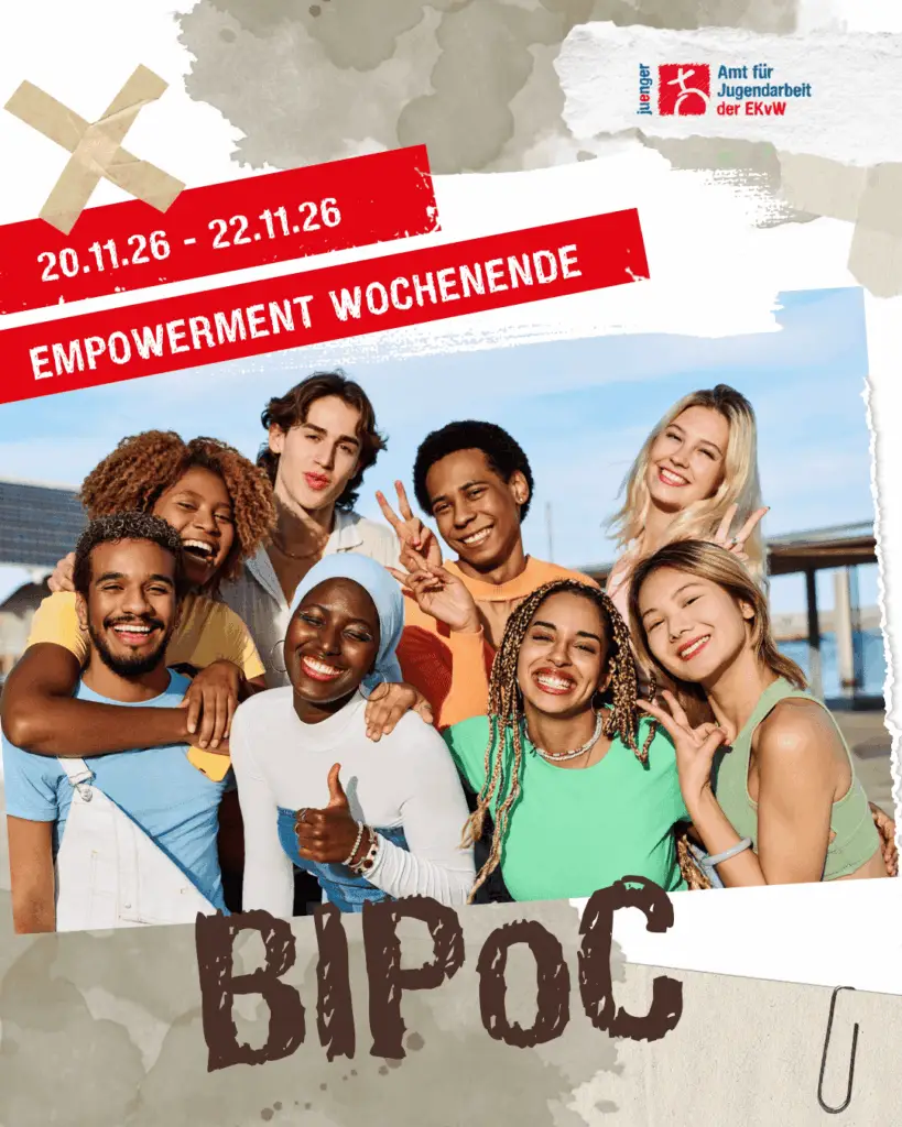 Plakat zum Empowerment‑Wochenende für junge Menschen im November 2026 mit Gruppenbild und Hinweis auf BIPoC sowie Veranstalter Amt für Jugendarbeit der EKvW