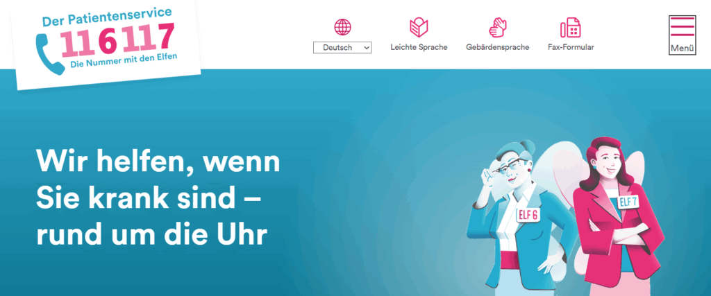 Grafik zum Patientenservice 116117 mit Hinweis „Wir helfen, wenn Sie krank sind – rund um die Uhr“ sowie stilisierten medizinischen Fachpersonen.