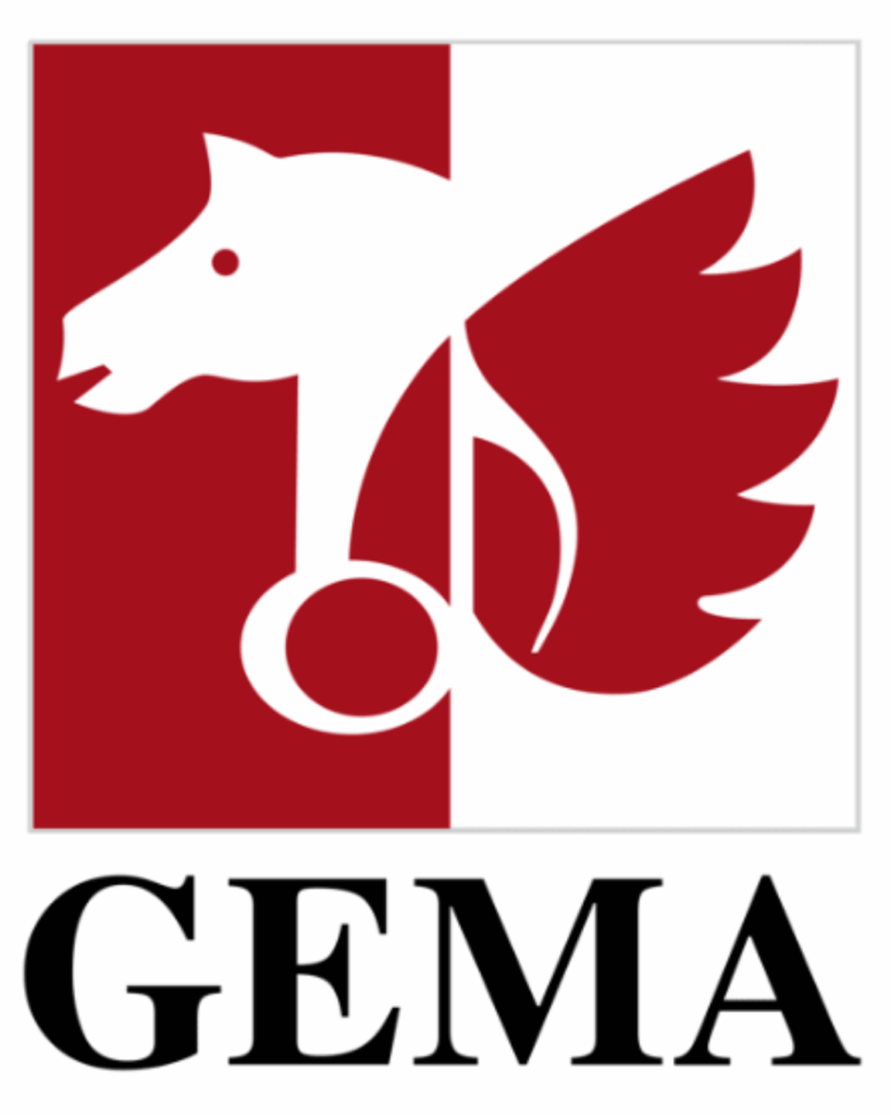 GEMA Logo mit stilisiertem geflügeltem Pferdekopf in Rot und Weiß sowie Schriftzug GEMA für Musikrechte in Deutschland