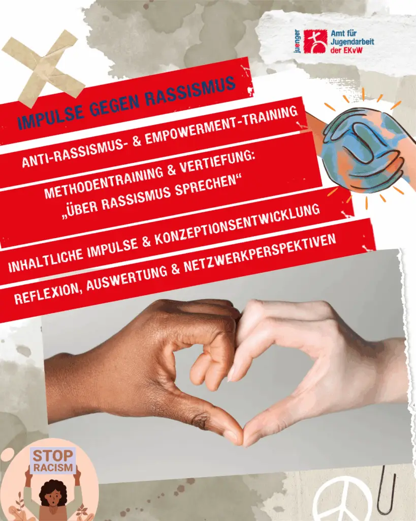Plakat „Impulse gegen Rassismus“ mit Anti‑Rassismus- und Empowerment‑Training, Methodenworkshops und symbolischem Herz aus zwei Händen als Zeichen für Zusammenhalt