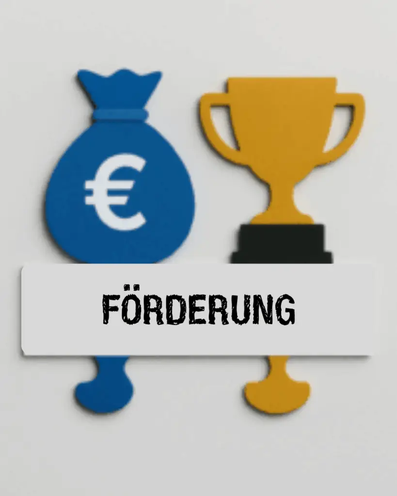 Symbolbild Förderung mit Geldsack, Eurozeichen und Pokal als Zeichen für finanzielle Unterstützung und Erfolg