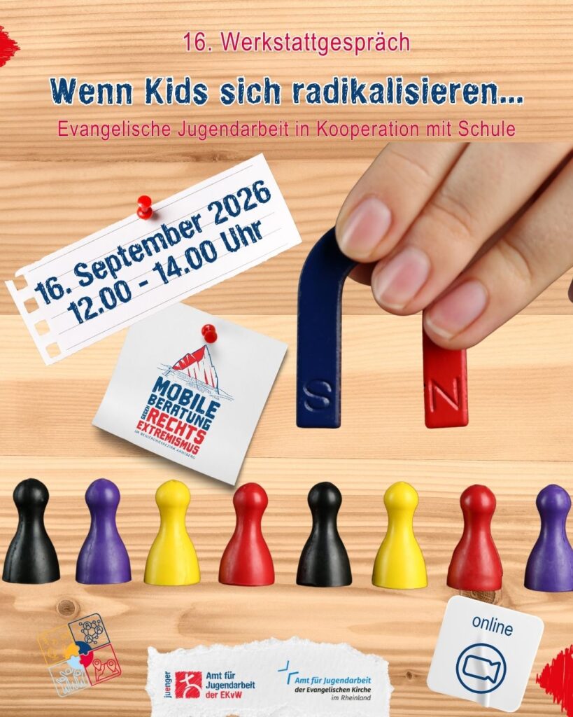 Das Sharepic kündigt das 16. Werkstattgespräch „Wenn Kids sich radikalisieren …“ zum Thema evangelische Jugendarbeit in Kooperation mit Schule an. Die digitale Veranstaltung findet am 16. September 2026 von 12 bis 14 Uhr statt.