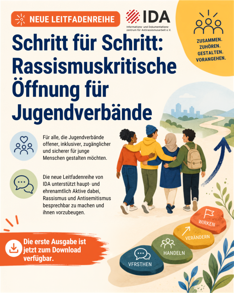 Instagram-Grafik zur neuen IDA-Leitfadenreihe „Schritt für Schritt: Rassismuskritische Öffnung für Jugendverbände“. Zu sehen sind vier junge Menschen mit unterschiedlichen Hintergründen, die gemeinsam auf einem Weg in Richtung Zukunft gehen. Textfelder informieren über die rassismuskritische und antisemitismuskritische Weiterentwicklung von Jugendverbänden und den Download der ersten Ausgabe.