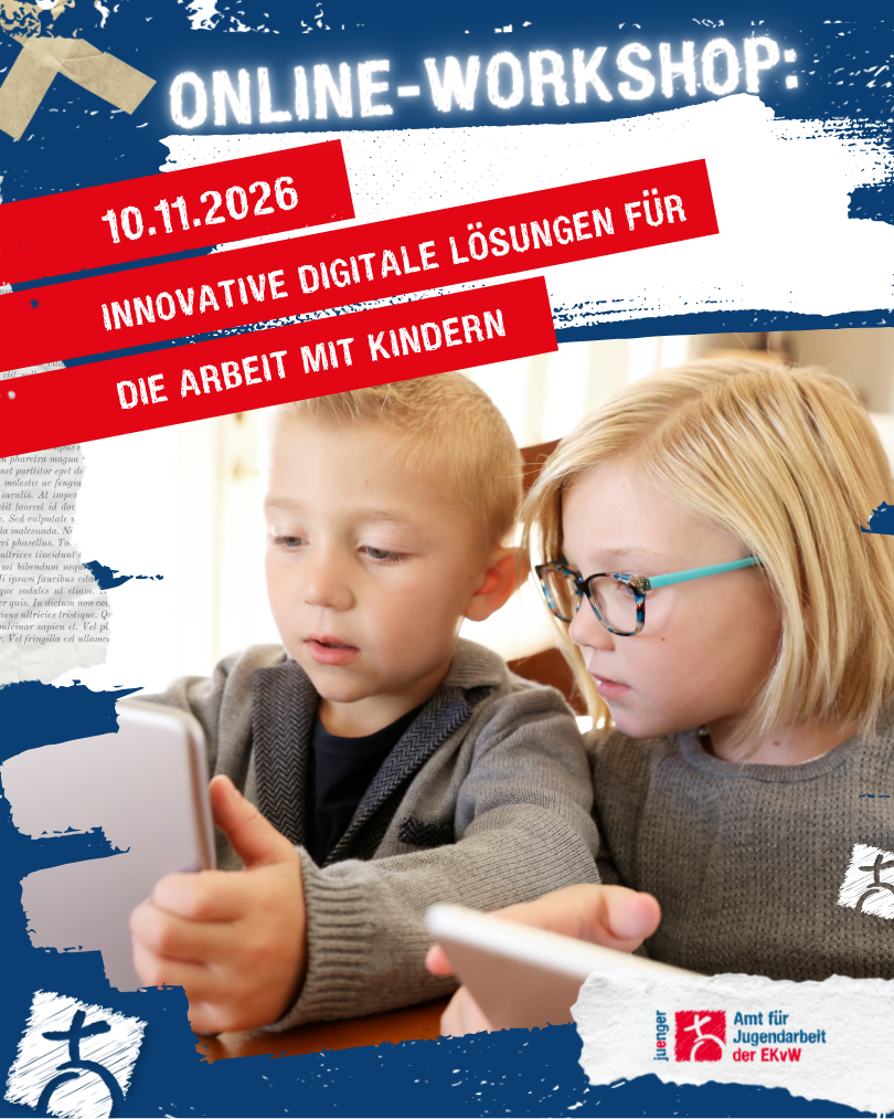 Grafik zum Online-Workshop „Innovative digitale Lösungen für die Arbeit mit Kindern“ am 10.11.2026. Zu sehen sind zwei Kinder, die gemeinsam Tablets nutzen. Die Gestaltung ist im blau-roten juenger-Stil gehalten.