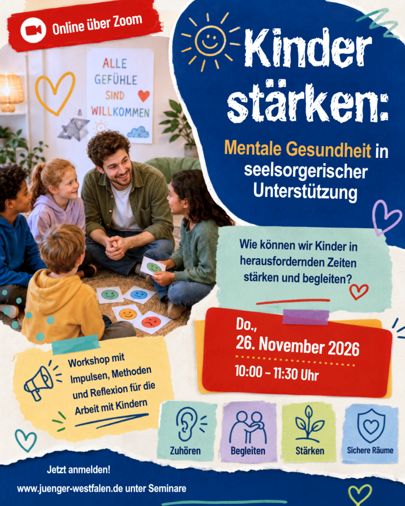 Veranstaltungsbild zum Online-Workshop „Kinder stärken: Mentale Gesundheit in seelsorgerischer Unterstützung“. Ein erwachsener Begleiter sitzt mit einer vielfältigen Gruppe von Kindern in einem Gesprächskreis. Auf dem Boden liegen Karten mit unterschiedlichen Gefühlsausdrücken. Das Motiv steht für Zuhören, Begleiten, Stärken und sichere Räume.