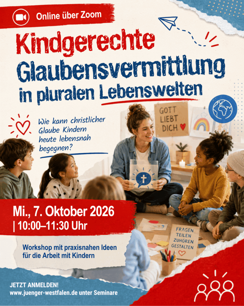 Veranstaltungsbild zum Online-Workshop „Kindgerechte Glaubensvermittlung in pluralen Lebenswelten“. Zu sehen ist eine vielfältige Gruppe von Kindern mit einer erwachsenen Begleitperson in einer Gesprächs- und Workshopsituation. Das Bild greift Themen wie Glauben, Fragen, Vielfalt und gemeinsames Entdecken auf und enthält die Veranstaltungsdaten für den 7. Oktober 2026.