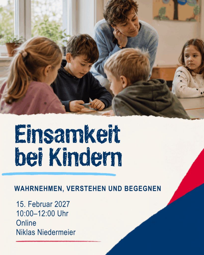Eine erwachsene Person begleitet eine Gruppe Kinder bei einer gemeinsamen Aktivität – Ausschreibung zum Online-Seminar „Einsamkeit bei Kindern“.