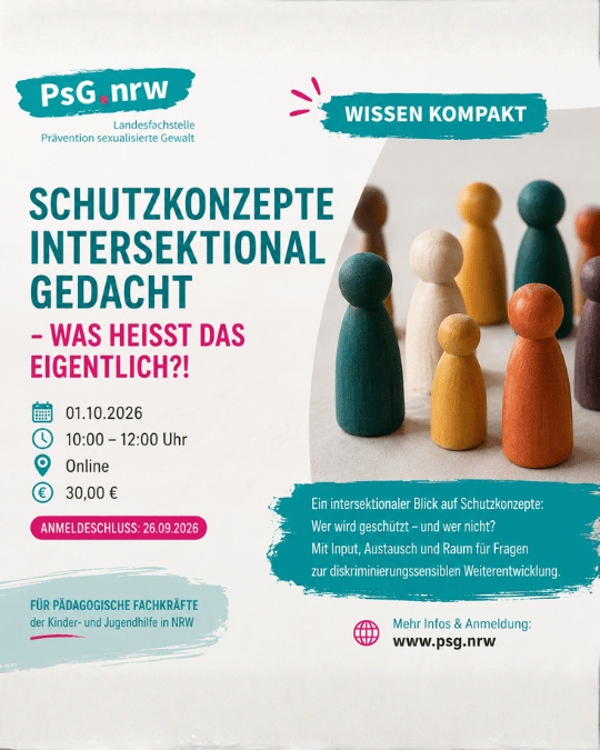 Plakat der PsG.nrw zur Online-Fortbildung „Schutzkonzepte intersektional gedacht“ am 1. Oktober 2026.