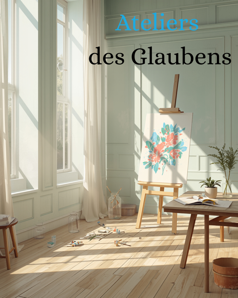 Helles Atelier mit Staffelei und Blumenbild als Symbol für kreative Glaubensarbeit. Titel „Ateliers des Glaubens“ vor einer inspirierenden Workshop- und Lernumgebung.